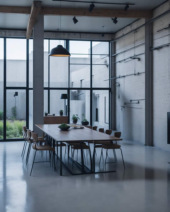 Tendencia de estilo industrial, living piso de concreto pulido, paredes de ladrillo a la vista y una gran mesa de comedor de madera con detalles en metal.