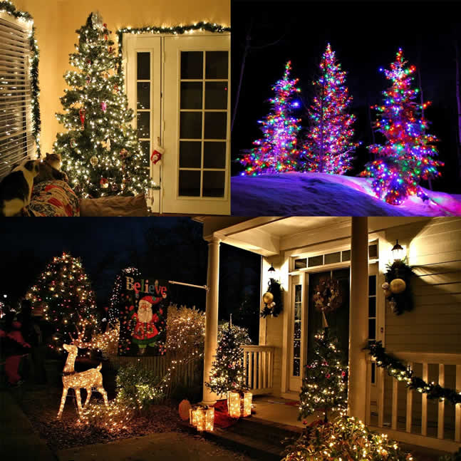 Collage de imágenes exteriores con árbol de navidad, figuras con luces, decorado de puertas y ventanas con luces led