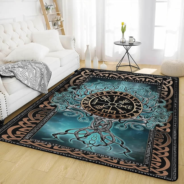 Alfombra Árbol de la vida, decoración nórdica, color azul vikingo, alfombra antideslizante para interiores y exteriores