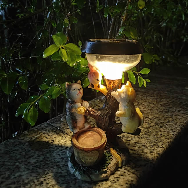 Estatuas de gato de jardín de resina de  lámpara solar para patio, esculturas decorativas