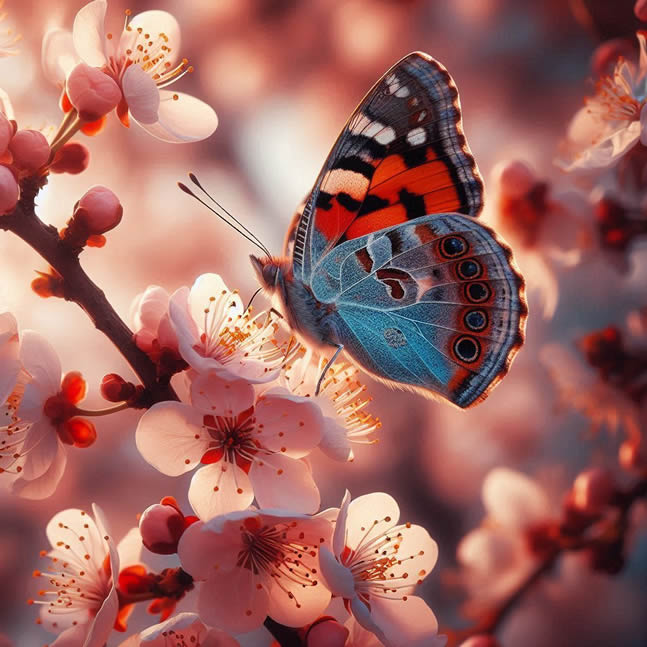 Septiembre el mes de la primavera. mariposa sobre arbol de cerezo